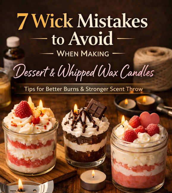 Dessert Candle with whipped wax topping and text above "7 Wick Mistakes To Avoid"