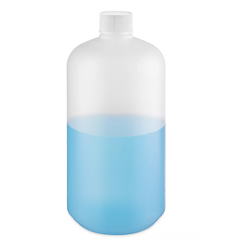 Bottle with a white cap and blue liquid on a white background