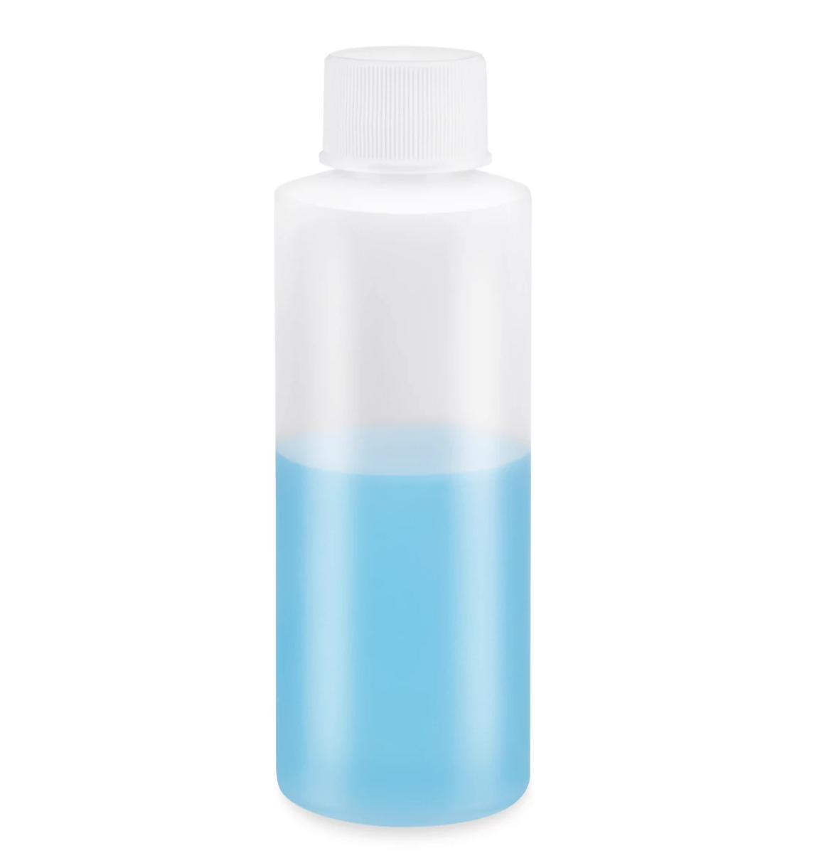 Bottle with a white cap and blue liquid on a white background