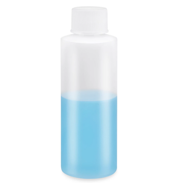 Bottle with a white cap and blue liquid on a white background