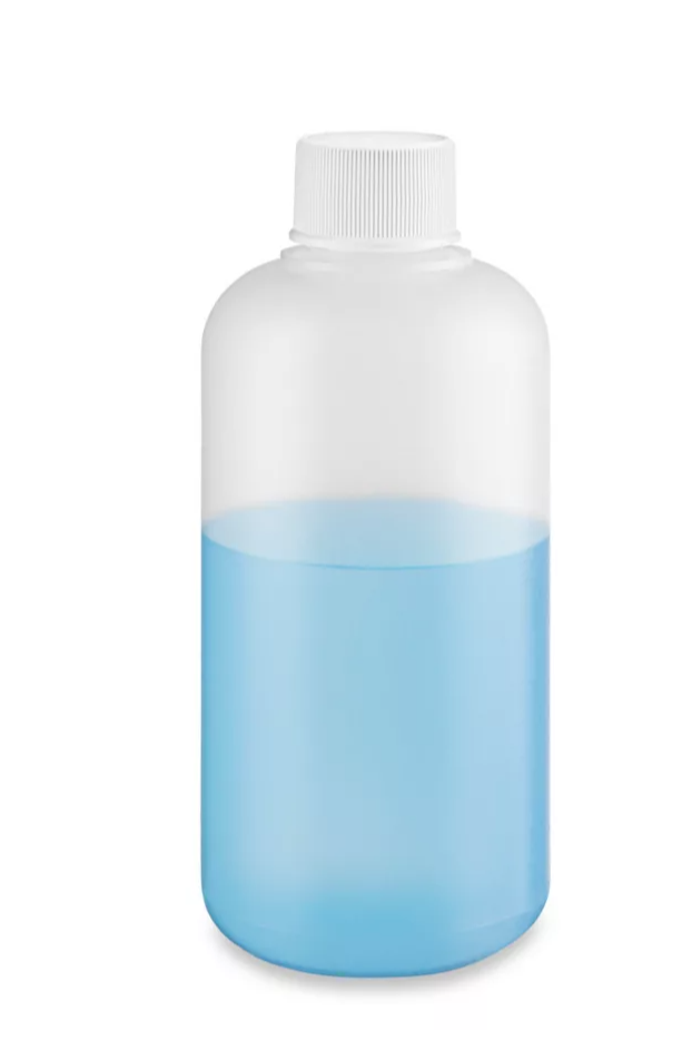 Clear bottle with blue liquid and white cap on a white background