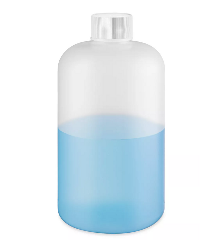 Bottle with a white cap and blue liquid inside on a white background