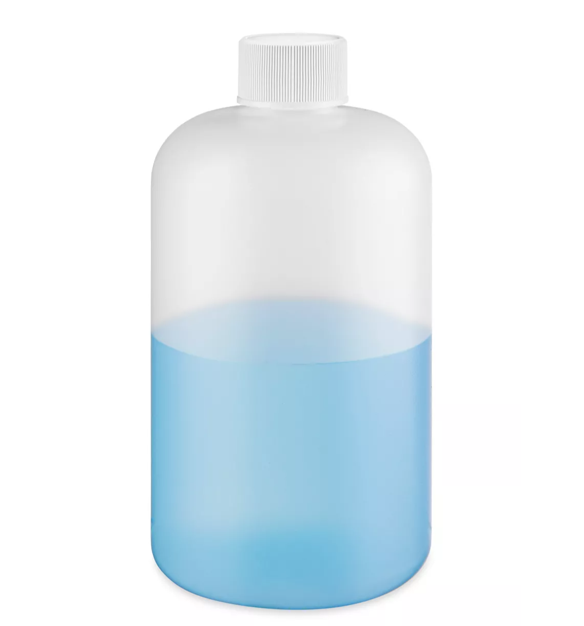 Bottle with a white cap and blue liquid inside on a white background