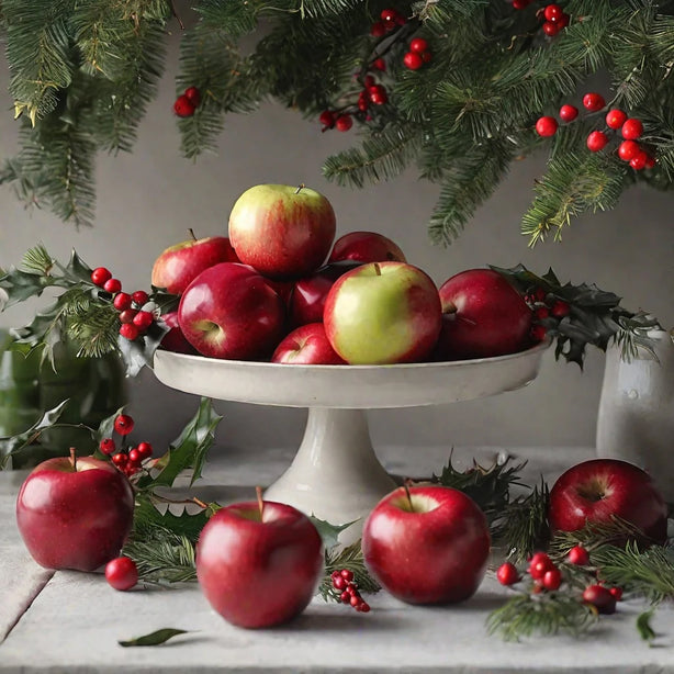 Apples on a pedestal with evergreen bows.