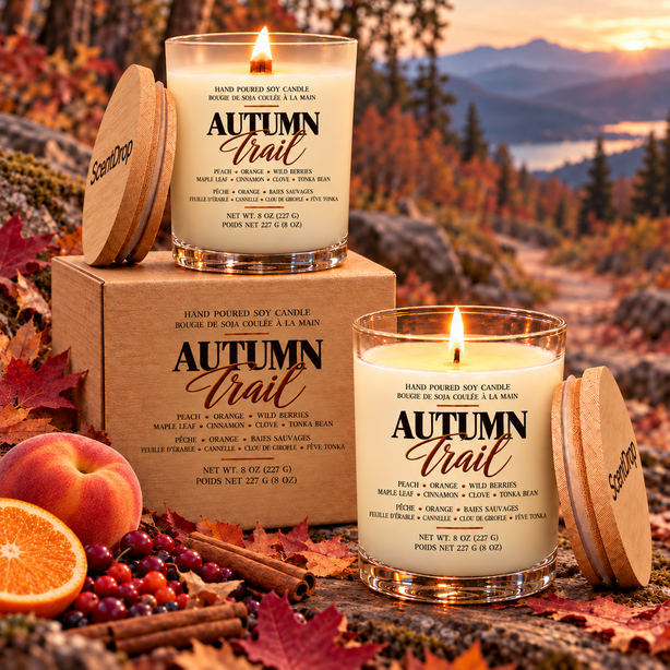 Two candles with Autumn Trail labels in a calm outdoor fall scene.