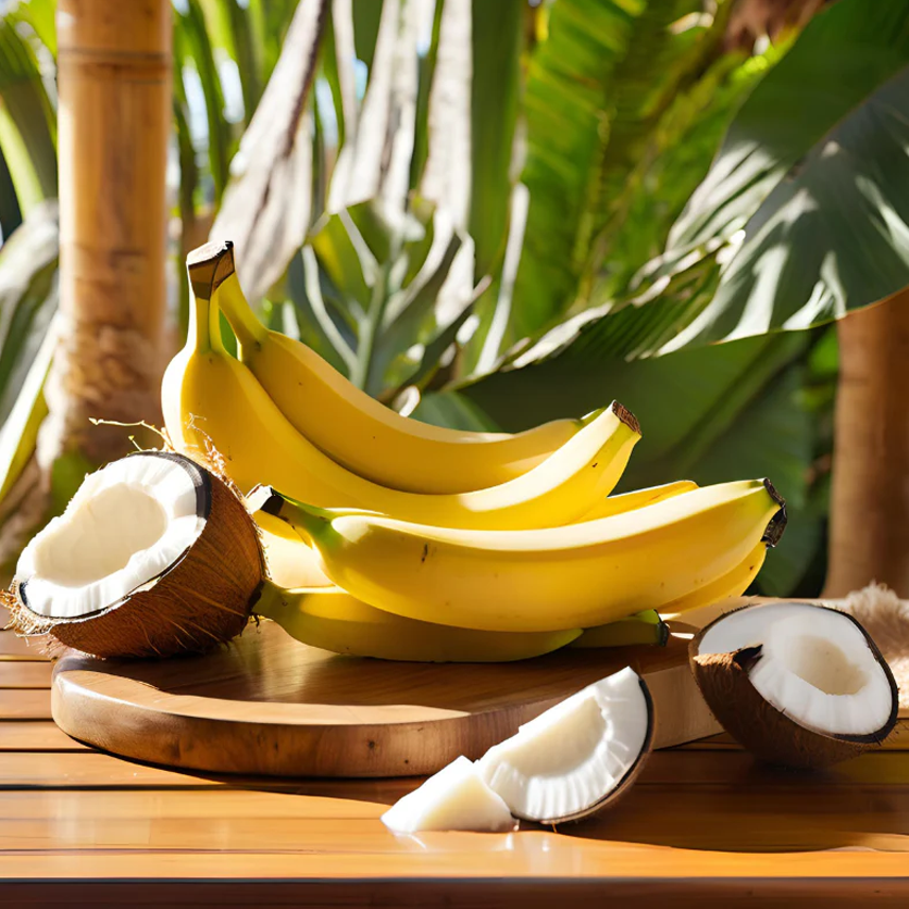 Bananas and coconuts on a wooden surface with a tropical background