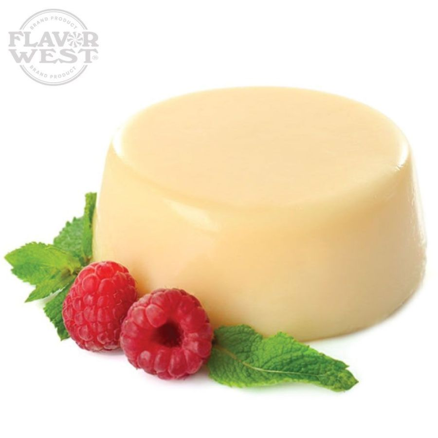 Beige creamy dessert with raspberries and mint leaves on a white background, featuring Flavor West logo.