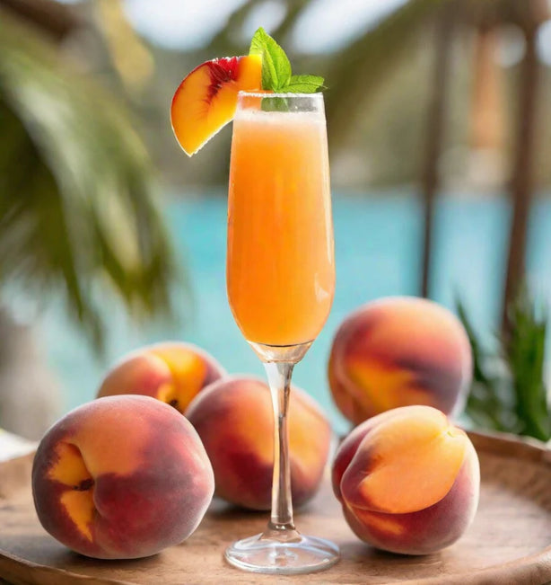 Peach-themed cocktail with peaches on a wooden tray against a blurred natural background