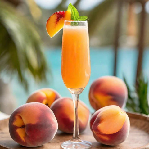 Peach-themed cocktail with peaches on a wooden tray against a blurred natural background
