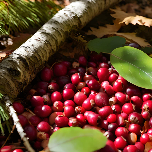 Red berries with green leaves and a birch log on a forest floor
