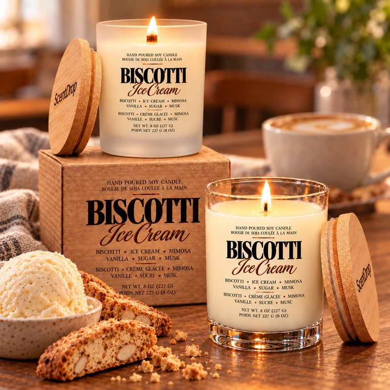 Two candles with Biscotti Ice Cream labels on a relaxing kitchen background.