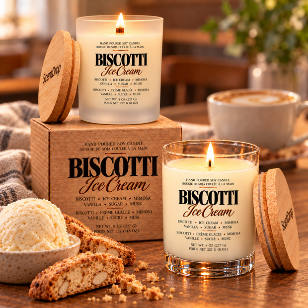 Two candles with Biscotti Ice Cream labels on a relaxing kitchen background.