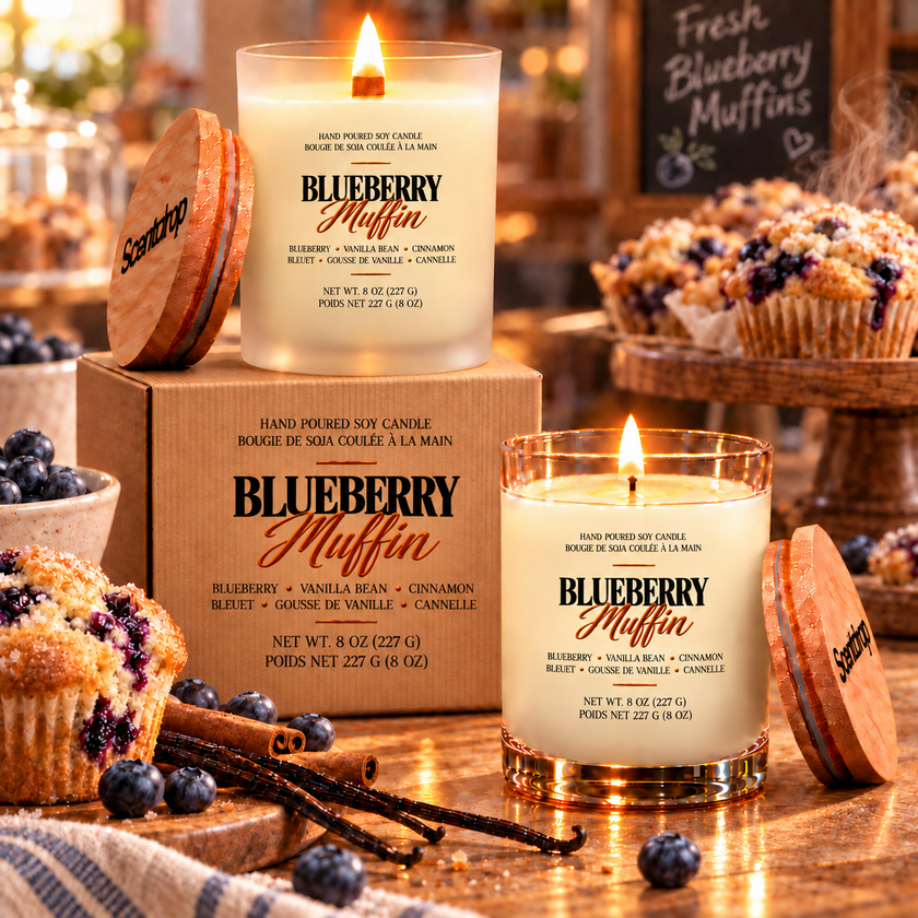 Two scented candles in a calm bakery scene displayed with Blueberry Muffin labels.
