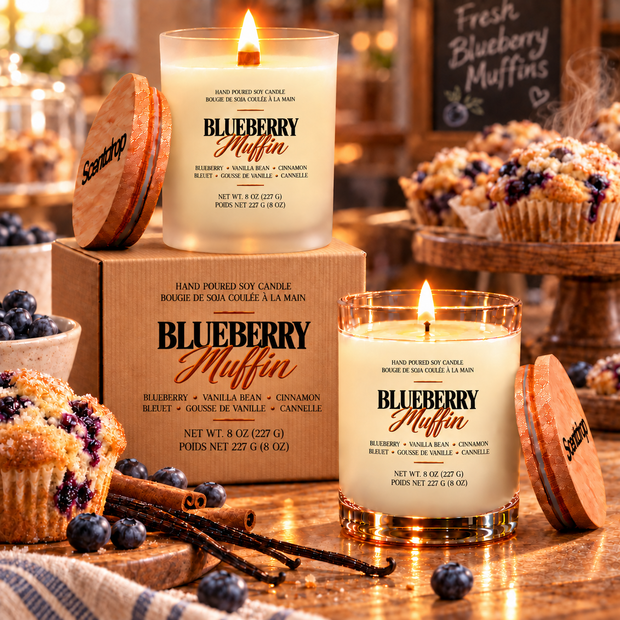 Two scented candles in a calm bakery scene displayed with Blueberry Muffin labels.