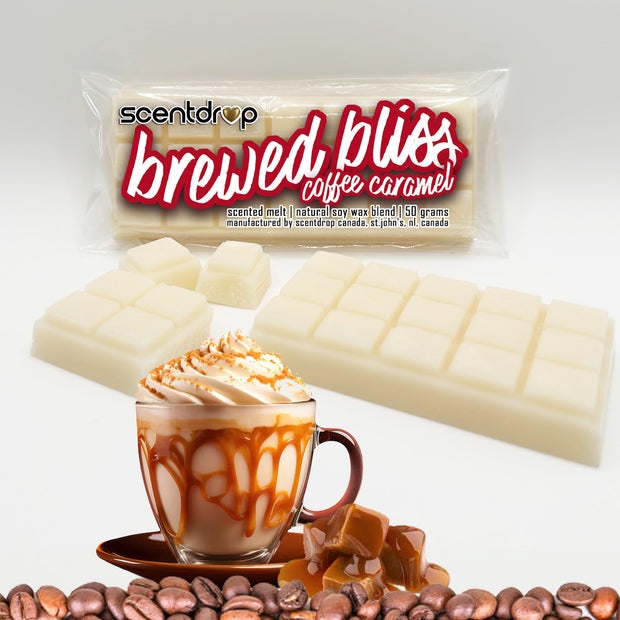 Scentdrop Brewed Bliss Coffee Caramel scented melt bar packaging shown with cream-colored wax melts and a styled hot cocoa drink with whipped cream and caramel drizzle, with coffee beans at the bottom.