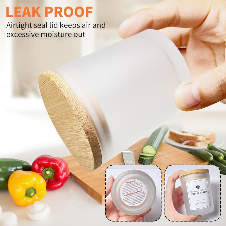 Hand holding a container with a wooden lid, surrounded by vegetables and a sandwich, with text about airtight seal.