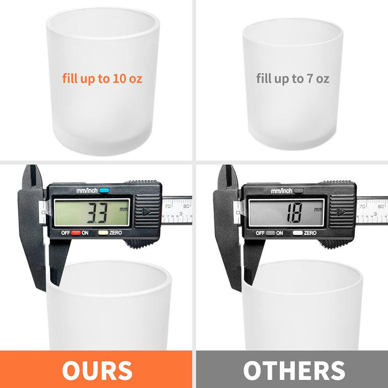 Comparison of two white measuring cups with digital calipers showing measurements.