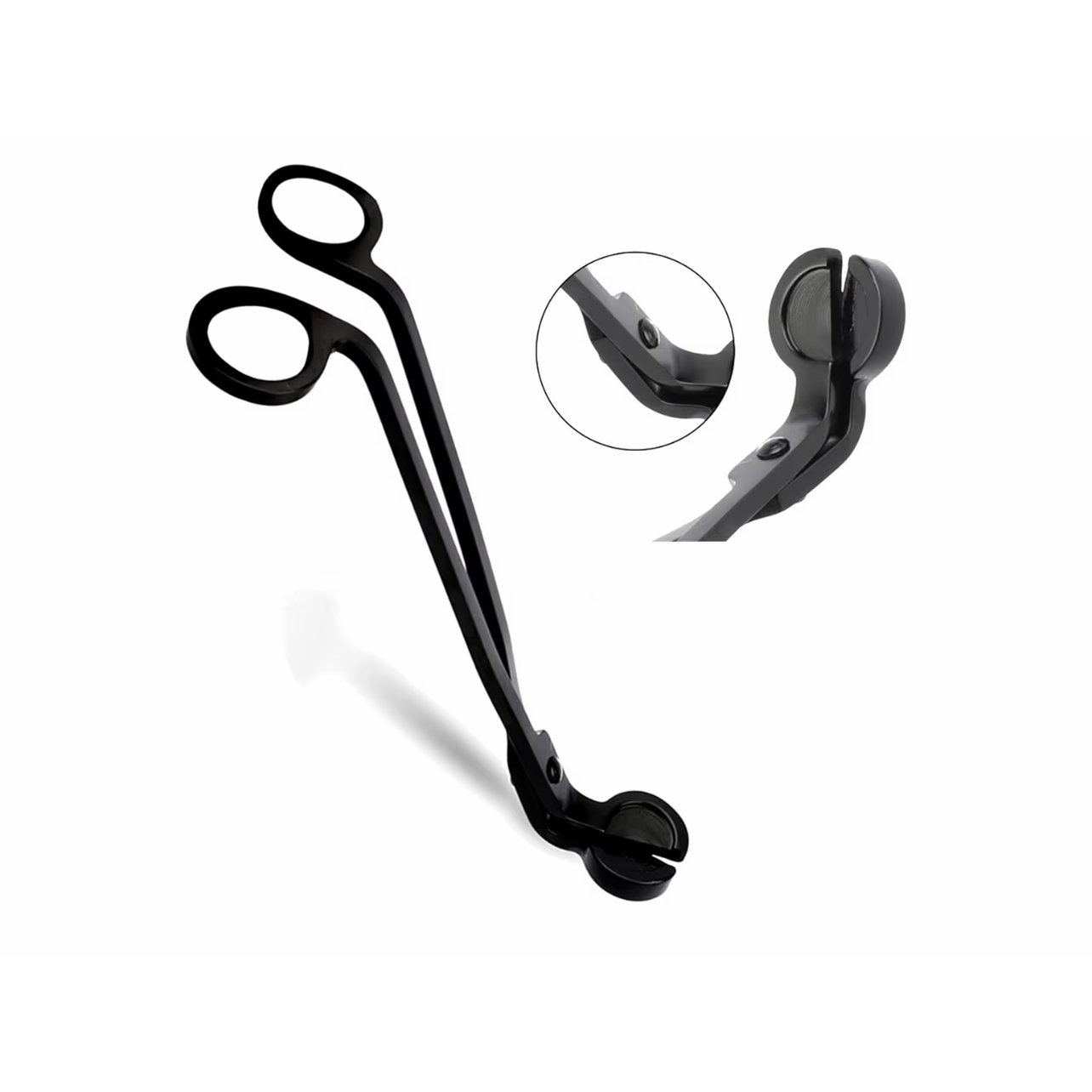 Black scissors with a close-up inset on a white background