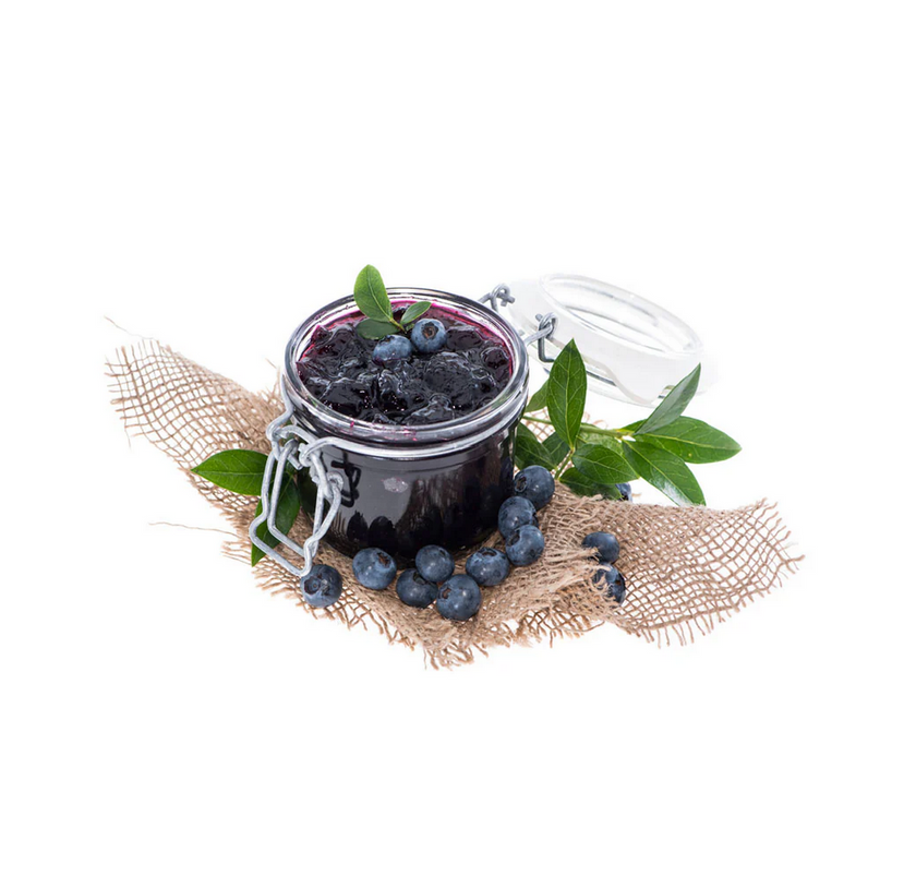 Jar of blueberry jam with fresh blueberries on a white background