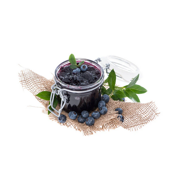 Jar of blueberry jam with fresh blueberries on a white background