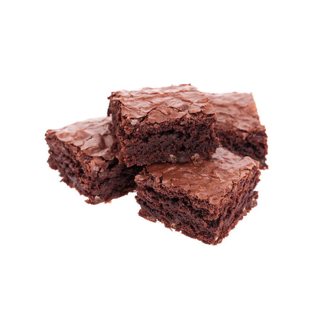 Three brownies stacked on a white background