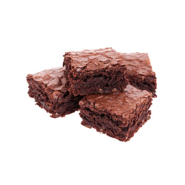Three brownies stacked on a white background