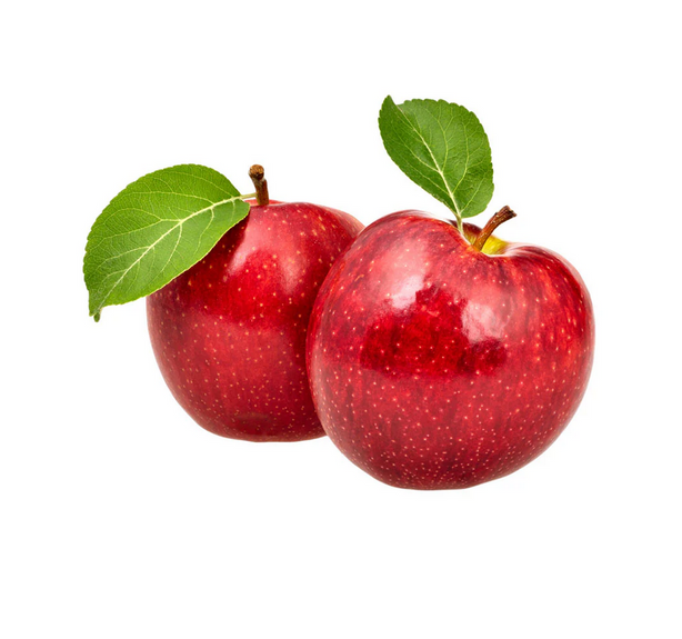Two red apples with green leaves on a white background