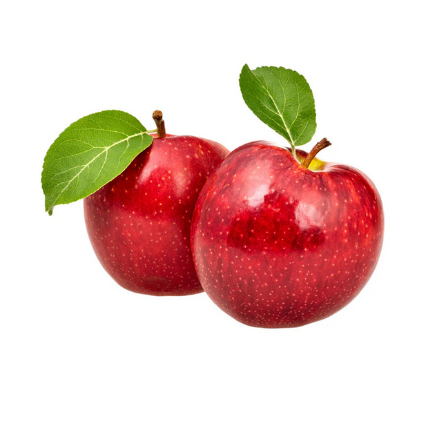 Two red apples with green leaves on a white background