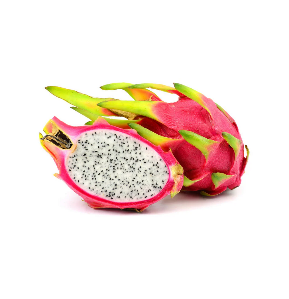 Dragon fruit cut in half on a white background