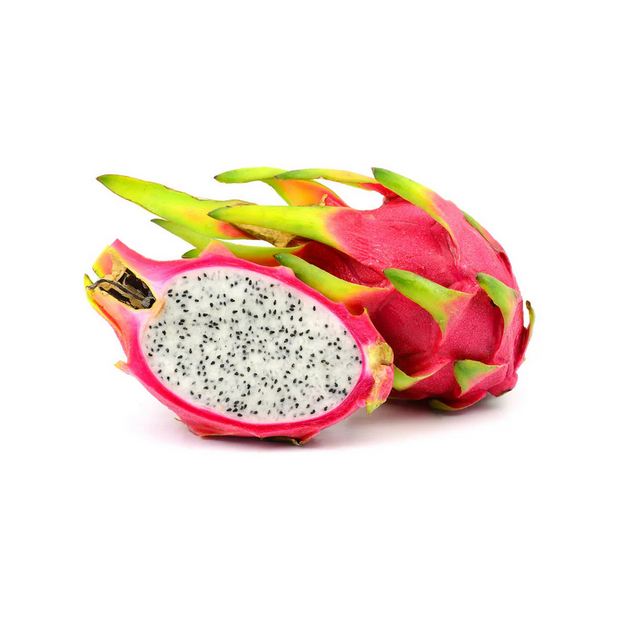 Dragon fruit cut in half on a white background