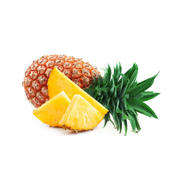 Whole pineapple with two slices on a white background
