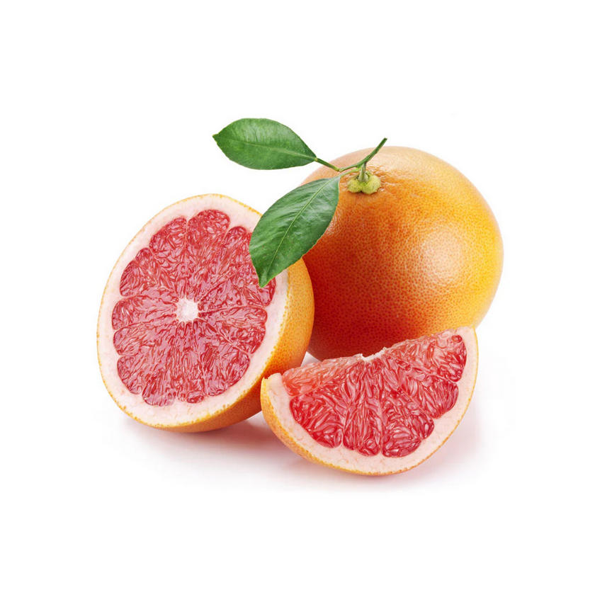 Grapefruit with a half-section and leaves on a white background