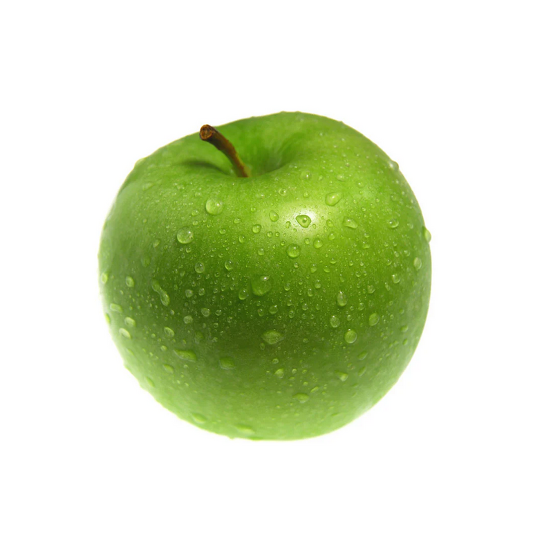 Green apple with water droplets on a white background