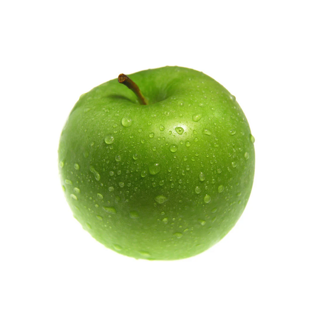 Green apple with water droplets on a white background