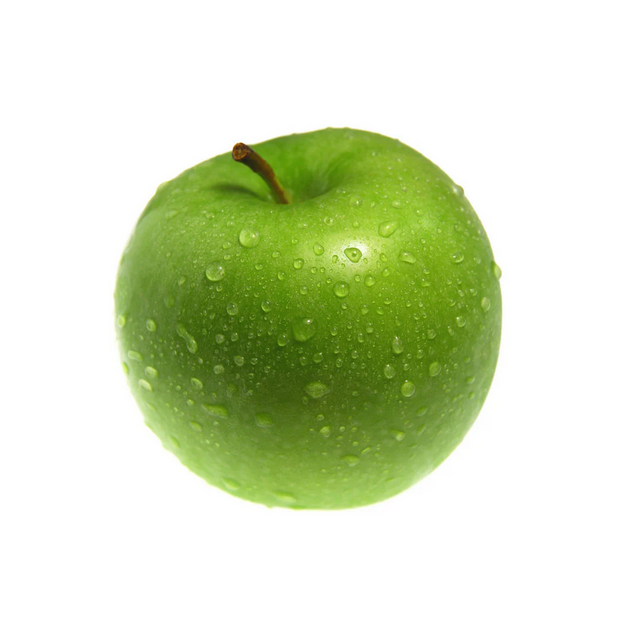 Green apple with water droplets on a white background