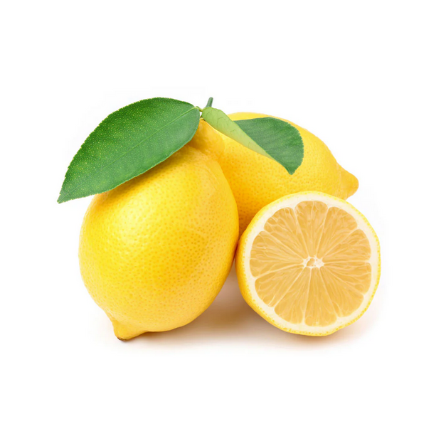 Three lemons with green leaves, one cut in half, on a white background