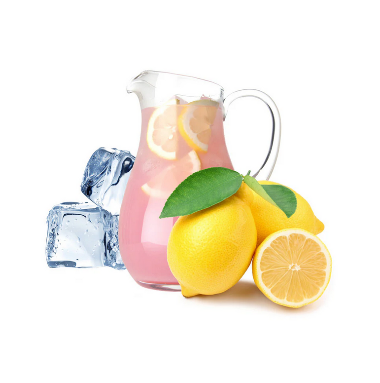 Pink lemonade in a glass pitcher with lemons and ice cubes on a white background