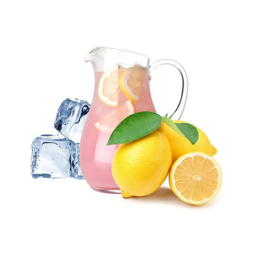 Pink lemonade in a glass pitcher with lemons and ice cubes on a white background