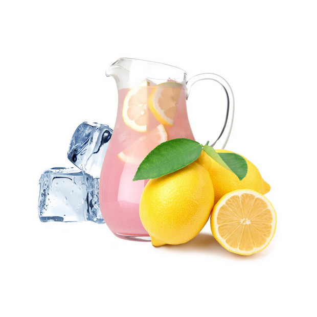 Pink lemonade in a glass pitcher with lemons and ice cubes on a white background