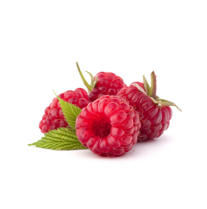 Red raspberries with green leaves on a white background