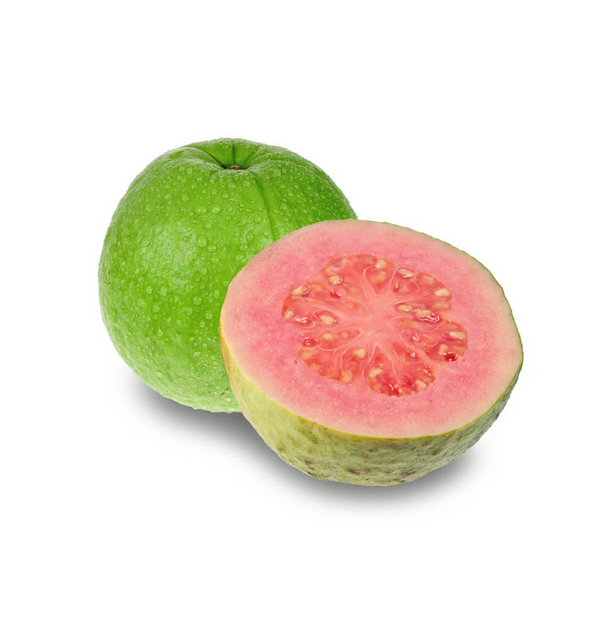 Whole and sliced green guava on a white background