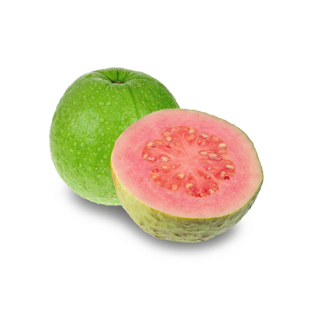 Whole and sliced green guava on a white background