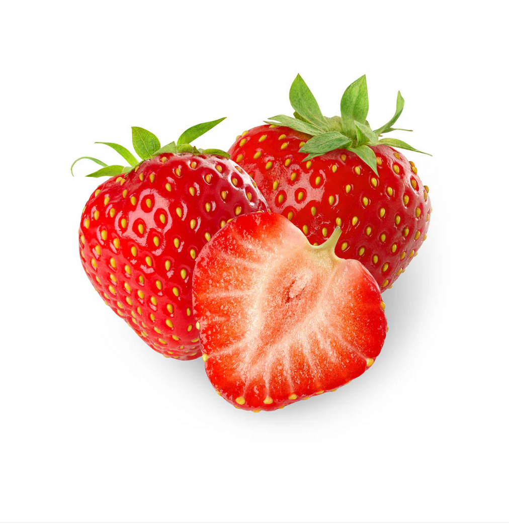 Two whole strawberries and one sliced strawberry on a white background