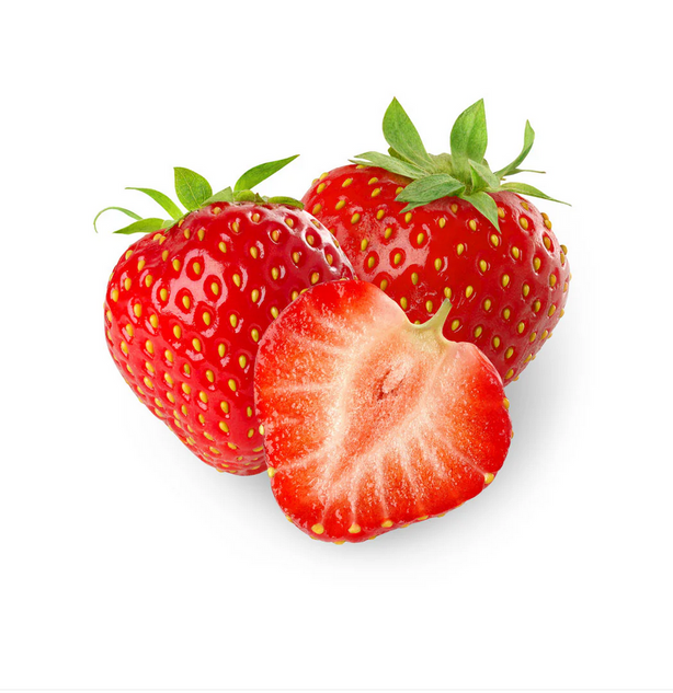 Two whole strawberries and one sliced strawberry on a white background