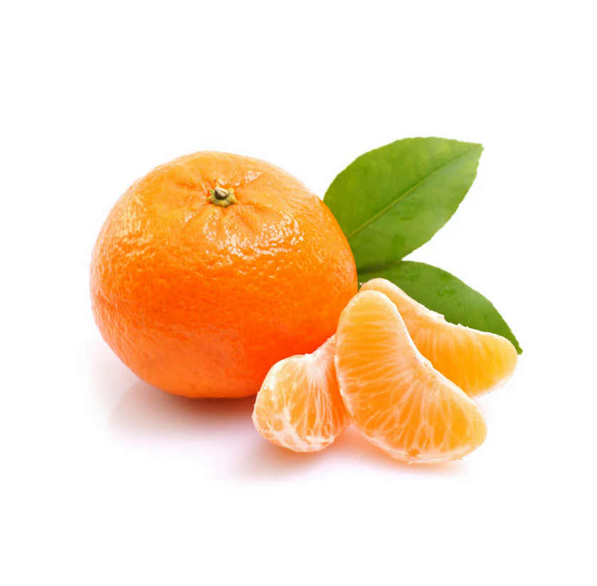 Whole tangerine with a few segments and leaves on a white background