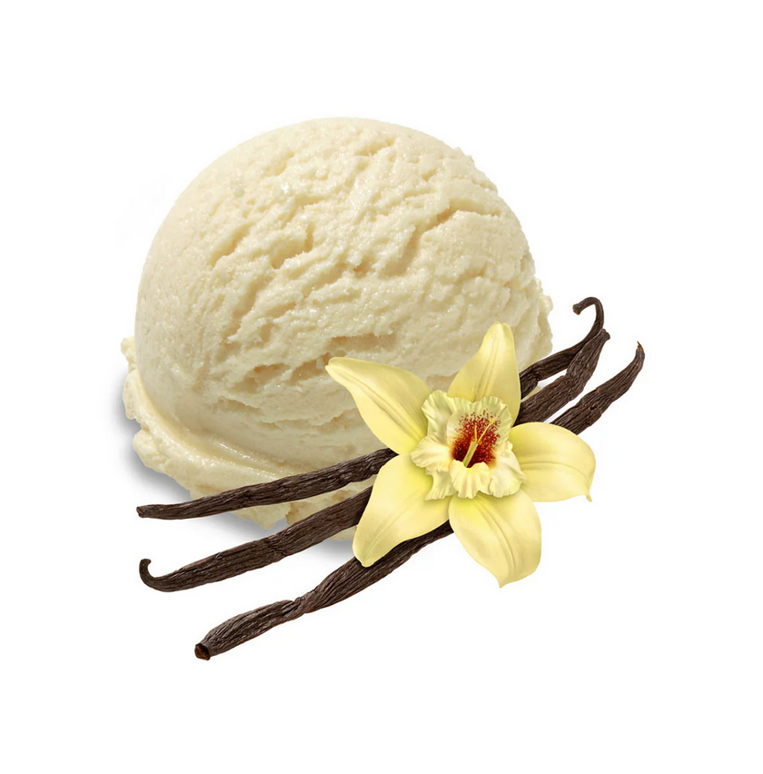 Vanilla ice cream scoop with vanilla beans and a vanilla flower on a white background