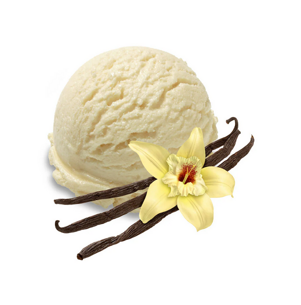 Vanilla ice cream scoop with vanilla beans and a vanilla flower on a white background