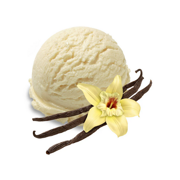 Vanilla ice cream scoop with vanilla beans and a vanilla flower on a white background