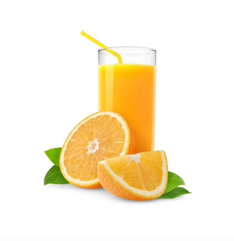 Glass of orange juice with a straw, surrounded by orange slices and leaves on a white background