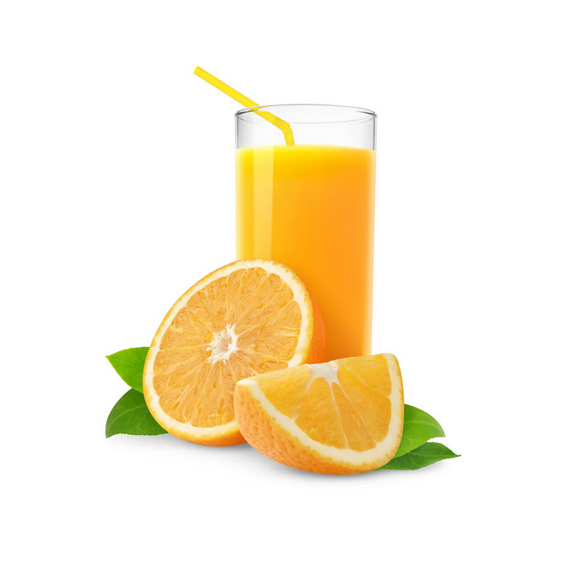 Glass of orange juice with a straw, surrounded by orange slices and leaves on a white background